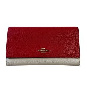Coach Trifold Color Block Red & Cream Ivory Pebbled Leather Wallet